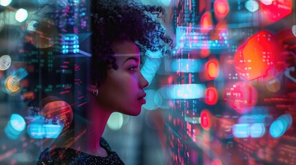 A captivating profile picture of an African American woman with curly hair, her face partially obscured coding code and futuristic tech elements, 