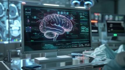 Brain testing result on digital interface on laboratory or surgery background, innovative technology in science and medicine concept. Medical technology background