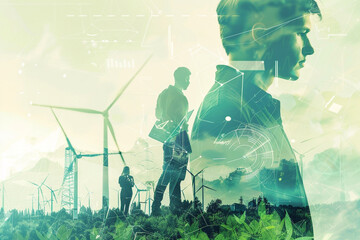 Generative ai image of renewable and sustainable energy with wind turbines, Double exposure of people among a green forest. Portrait of a woman in profile, creativity, art, conceptual illustration.