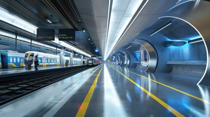 An ultra-modern metro station with captivating neon lighting and sleek architecture, perfect for science fiction concepts
