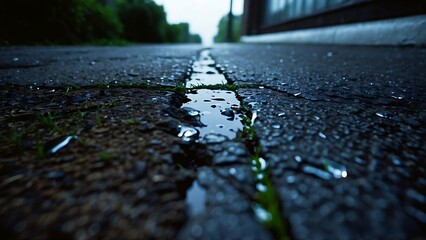 Raindrops on the asphalt in the city. Shallow depth of field.