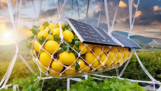 Ripe lemons dangle from leafy branches of a tree suspended from a hot air balloon basket, soaring above a sunny mountain landscape. 