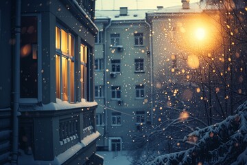 view from the window of the snowy city courtyard of high-rise buildings - Powered by Adobe