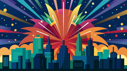 A spectacular fusion of colors and patterns as fireworks burst shine and fade creating a mesmerizing display above the city.. Vector illustration