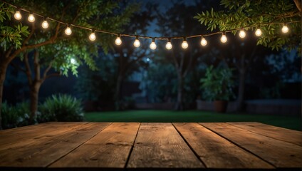 Empty Wood table top with decorative outdoor string lights hanging on tree in the garden at night time, Generative AI illustration of glowing plants growing on computer chip representing digital 