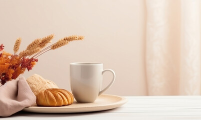 Rustic breakfast table setup. Side view with cup of coffee and croissant, complemented by dried flowers and leaves. Empty space for your text or advert. Autumn cozy minimal table set.