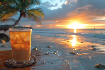 cup of iced coffee with golden hour lighting beach view professional advertising food photography