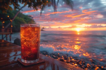 cup of iced coffee with golden hour lighting beach view professional advertising food photography