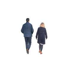 Un homme et une femme, environ 30-40 ans, vus de dos, lui avec veste en jean et pantalon foncé,...