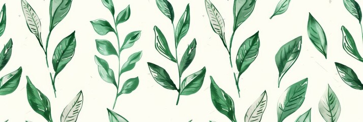 A seamless botanical watercolor illustration featuring a variety of green leaves, perfect for backgrounds, textiles, and eco-friendly concepts