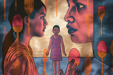 Illustration in orange, pink and blue colors of a girl in different age, going through emotional problems