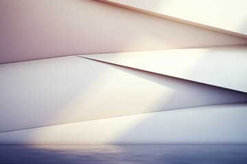 抽象背景バナー。柔らかい陽光が差す薄紫の直線的な壁と平らな床がある空間