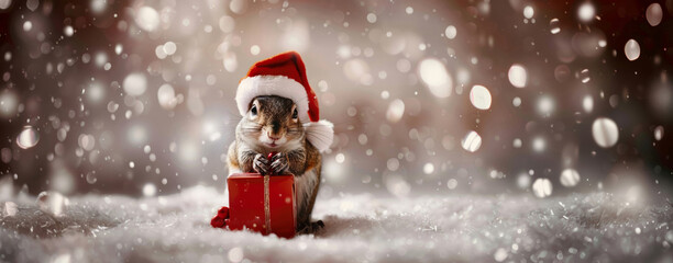 A cute squirrel wearing a Santa hat presents a red gift box, set against a snowy, sparkling background.
