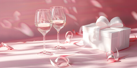 Valentines or wedding concept ,Wine glasses with  White gift box  and romantic setting Greeting card for jubilee or anniversary concept and pink background, Perfect for Valentine's or Wedding  
