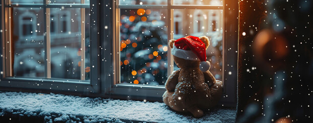 A plush teddy bear in a Santa hat sits by a snowy window, evoking a festive mood.