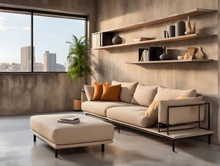  Loft interior design of modern living room, home. Beige sofa and shelving units against concrete wall. 