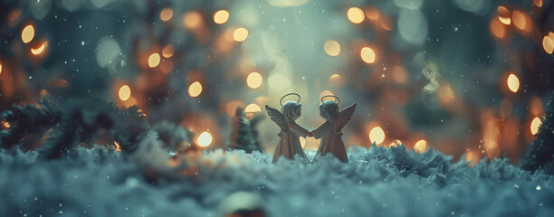 Fototapeta premium Two angel figurines holding hands in a snowy landscape, glowing softly under golden lights.