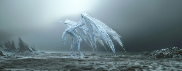 A fantastical ice creature traverses a misty, otherworldly landscape, resembling an alien environment. White angel or demon. 