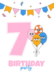 Seventh Happy Birthday party invitation in retro groovy style. Funky walking character and number 7. Vintage mascot psychedelic smile. Vector illustration