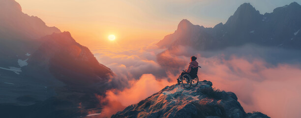 An inspirational scene of a woman in a wheelchair overlooking a stunning mountain sunset, embracing freedom.