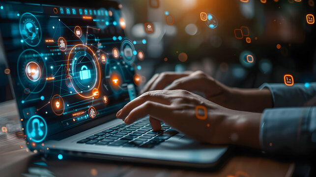 Digital Strategy Hand: Business Innovation Abstract - Hand Strategizing Over Laptop with Digital Icons