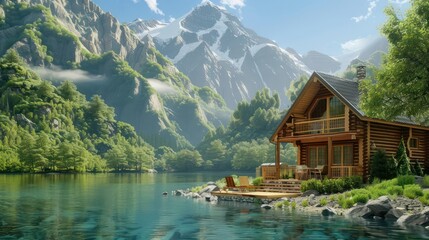 An idyllic wooden cabin situated by the alpine lake with its reflection on the water, surrounded by greenery and mountains with a clear blue sky - Powered by Adobe