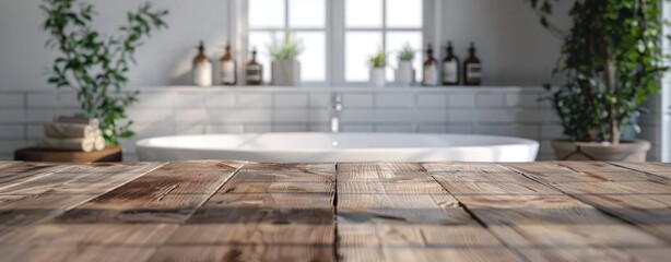 Empty marble top table with blurred bathroom interior Background. for product display montage
