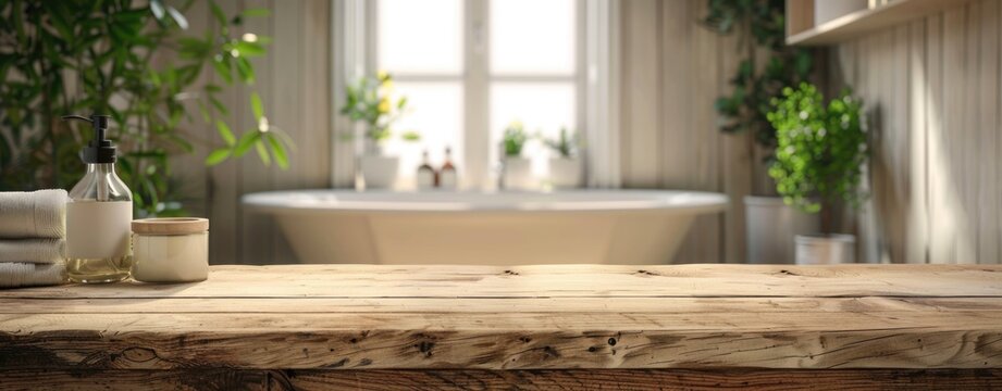 Empty marble top table with blurred bathroom interior Background. for product display montage