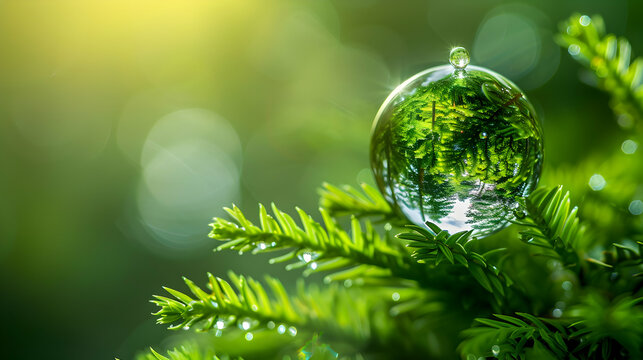 Forest Reflection: A droplet reflecting a dense forest urging reforestation in close-up water drop