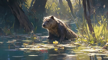beaver in the river - obrazy, fototapety, plakaty