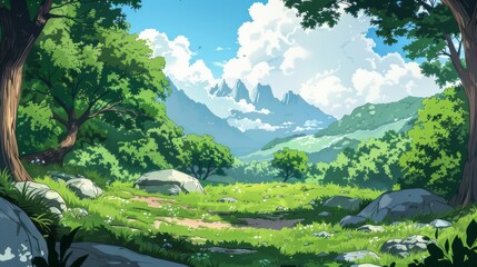 A lush green landscape with towering mountains in the distance. The scene is framed by two large trees, creating a serene and pictures view of a meadow, trees, and distant mountains under a blue sky