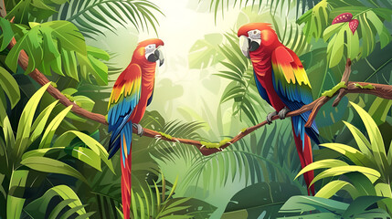 Rainforest Tropical Border Watercolor Parrot and Toucan Flying parrots Tropical birds plants and insects, Generative Ai