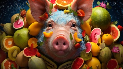 A pig with a fruit on it
