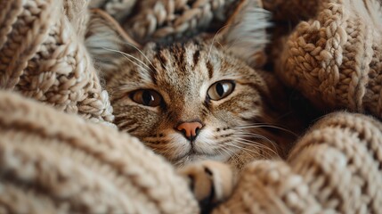 a cute cat sleeping comfortable in a whoolen blanket