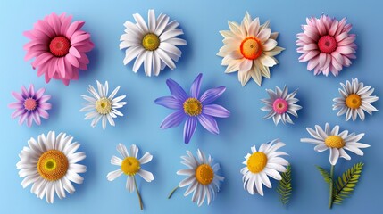 A vibrant 3D collection of colorful daisy flowers, beautifully isolated on a blue background