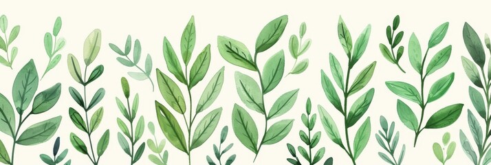 Obraz premium A seamless botanical watercolor illustration featuring a variety of green leaves, perfect for backgrounds, textiles, and eco-friendly concepts