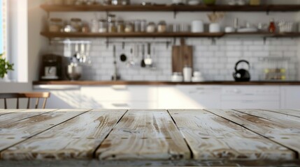 Wood table top on blur kitchen room background .For montage product display or design key visual layout.