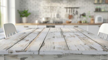 Wood table top on blur kitchen room background .For montage product display or design key visual layout.