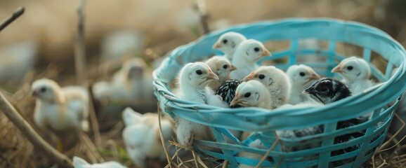 Many white and black chicks are born in a blue basket.