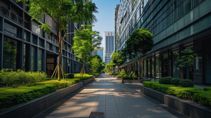 A vibrant depiction of a modern city avenue bustling with activity and lined with contemporary architecture