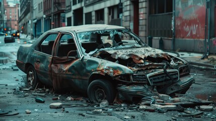 Fototapeta premium Close-up view of a car showing visible signs of damage, emphasizing the need for repair and maintenance
