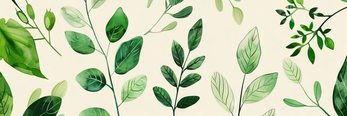 Fototapeta premium A seamless botanical watercolor illustration featuring a variety of green leaves, perfect for backgrounds, textiles, and eco-friendly concepts