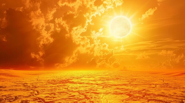 An intense heatwave depicted by a scorching hot sun, symbolizing climate change and global warming issues