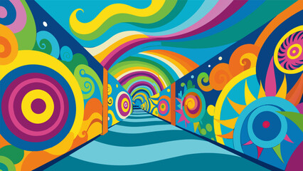 The walls are adorned with handpainted psychedelic artwork featuring swirling patterns and bold colors..
