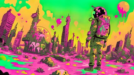 Dystopian cityscape, towering skyscrapers, a lone figure in a sleek spacesuit Photography, Backlights, Vignette, Dolly zoom effect