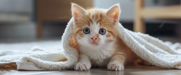 orange kitten play with the towel on the floor