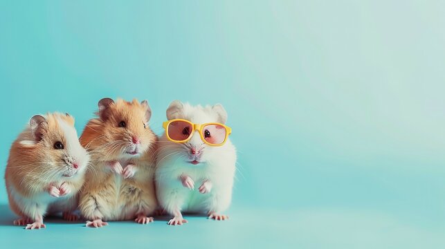 Creative animal concept. Group of hamster friends in sunglass shade glasses isolated on solid pastel background, commercial, editorial advertisement, copy text space