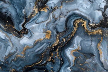 A  surface made of blue and gold colors, in the style of marble stone or paint colors ink mixing fluid.