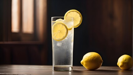  A glass of sparkling lemonade with a slice of lemon on the rim 