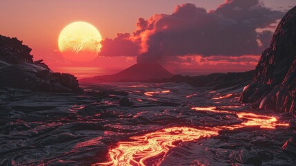 Fototapeta premium The sky glows with a fiery red as lava flows into the ocean at sunset